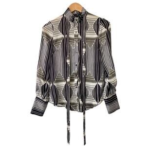 Just Cavalli Green and Black Geometric Printed Tie Neck Blouse Top • 38/US2 ⬇️
